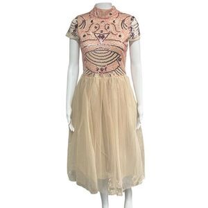 Boohoo B Embellished Skater Fair Core Cap Sleeve High Neck Tutu Botton Nude Dres